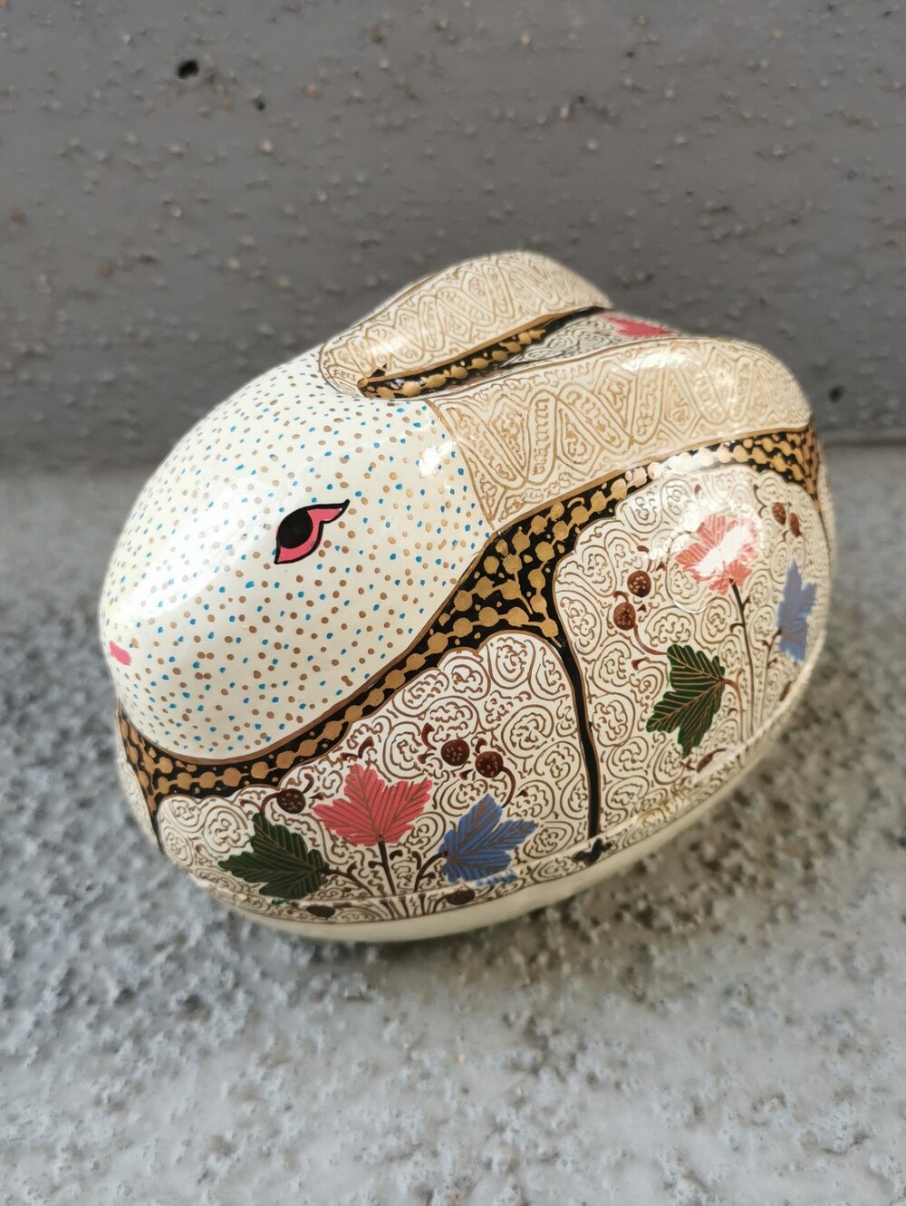 Vintage Hand Painted Papier-Mâché Bunny Trinket Box Floral Keepsake